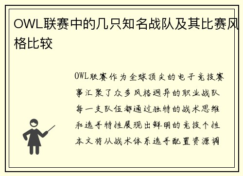OWL联赛中的几只知名战队及其比赛风格比较